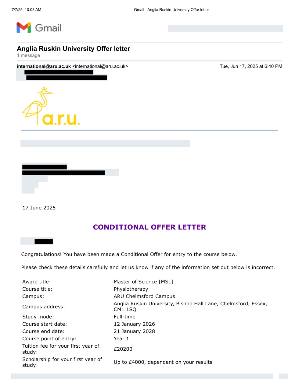 صفحه اول نامه پذیرش یا بورسیه از Anglia Ruskin University