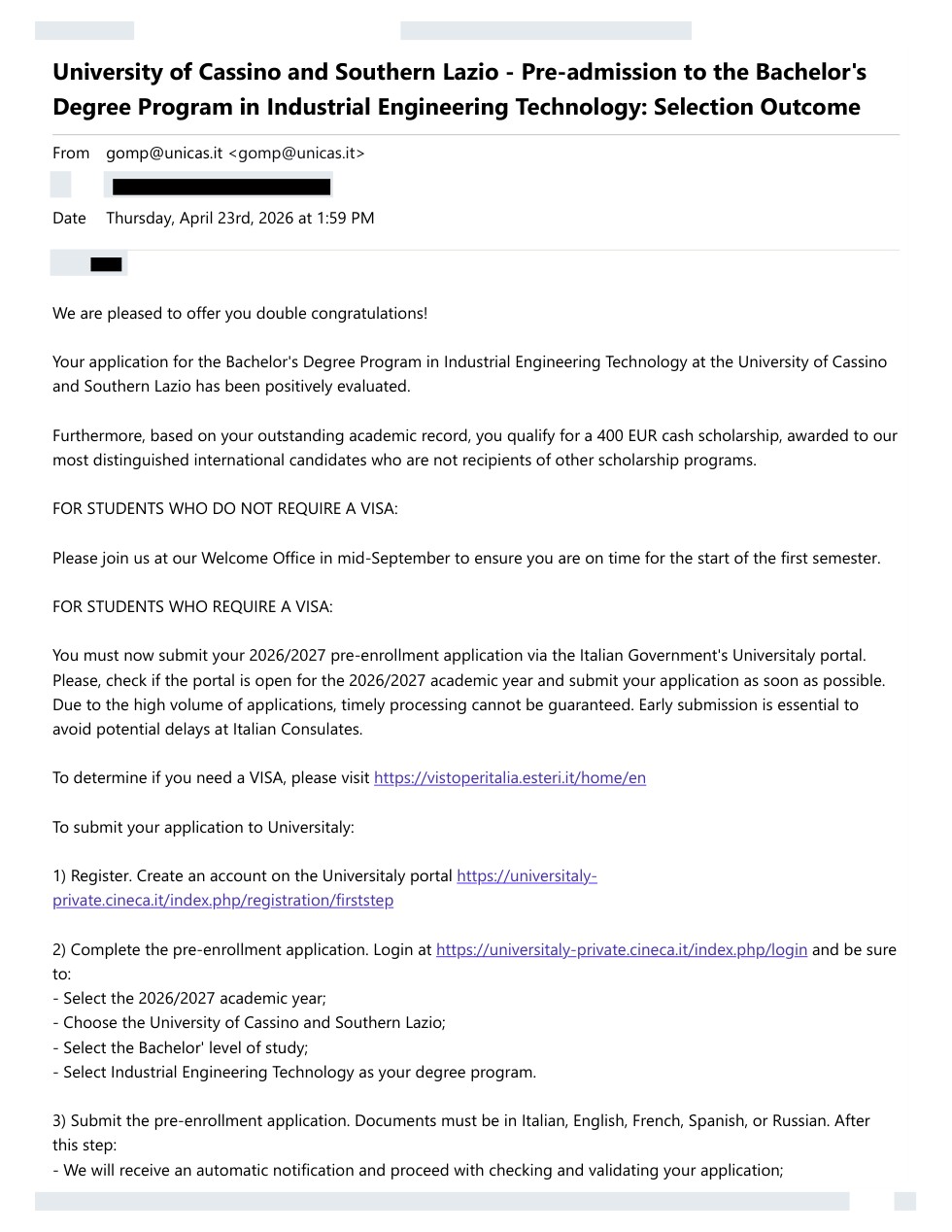 صفحه اول نامه پذیرش یا بورسیه از University of Cassino and Southern Lazio