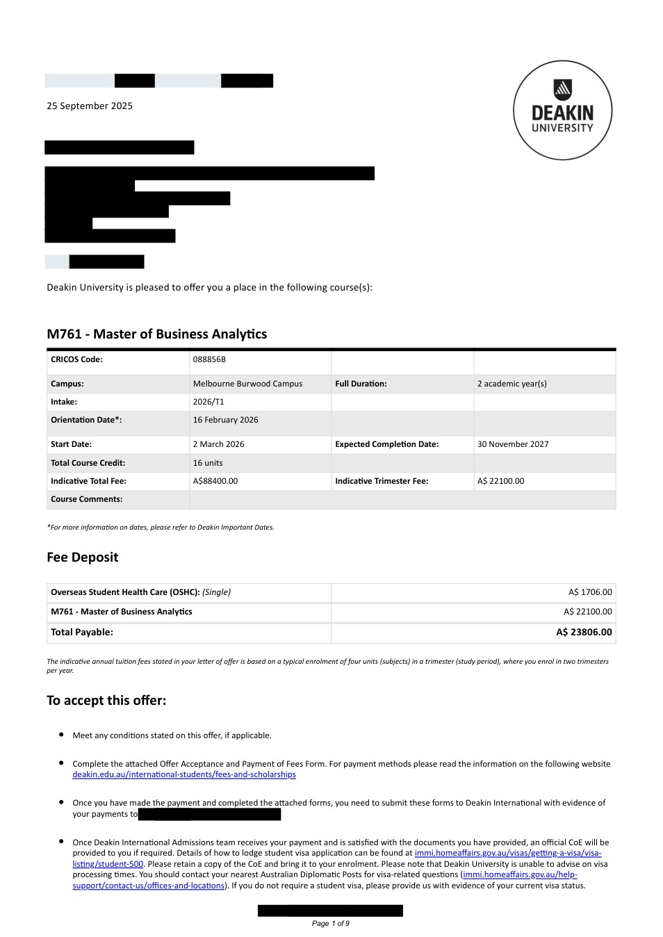 صفحه اول نامه پذیرش یا بورسیه از Deakin University