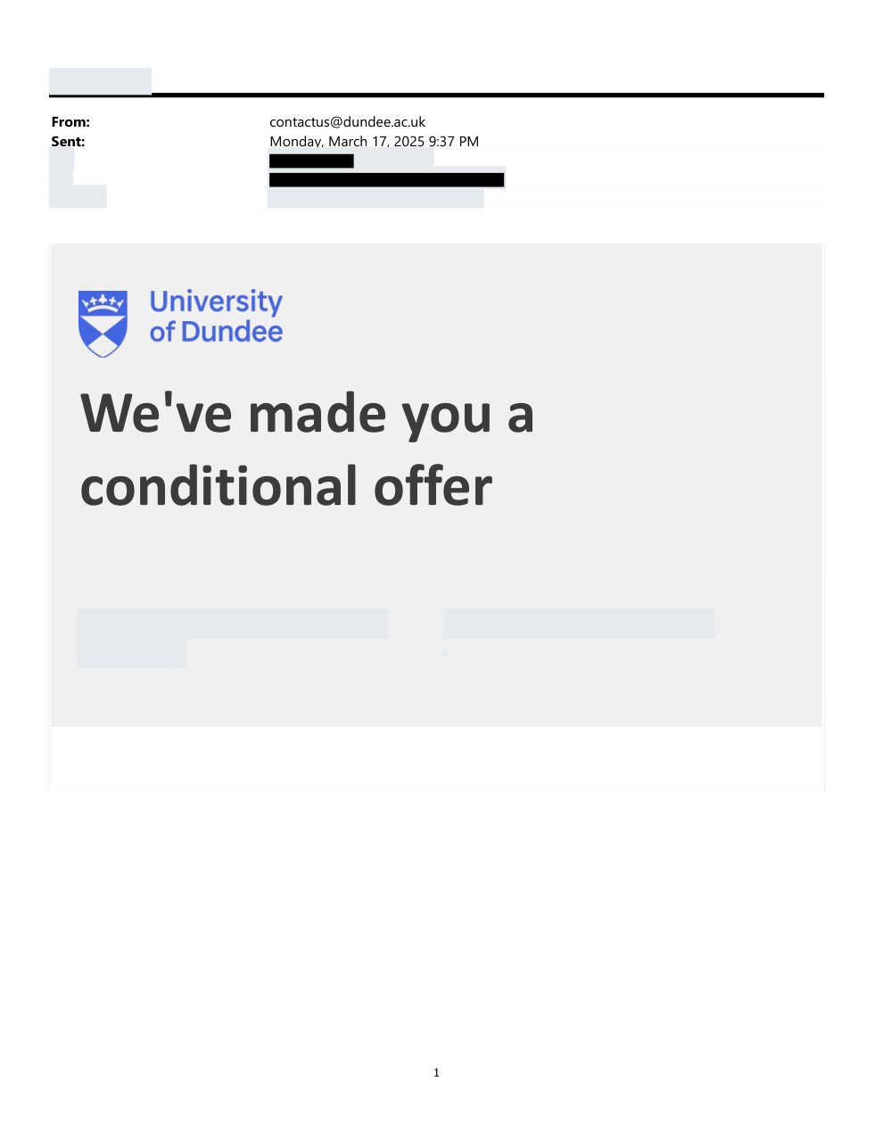 صفحه اول نامه پذیرش یا بورسیه از University of Dundee