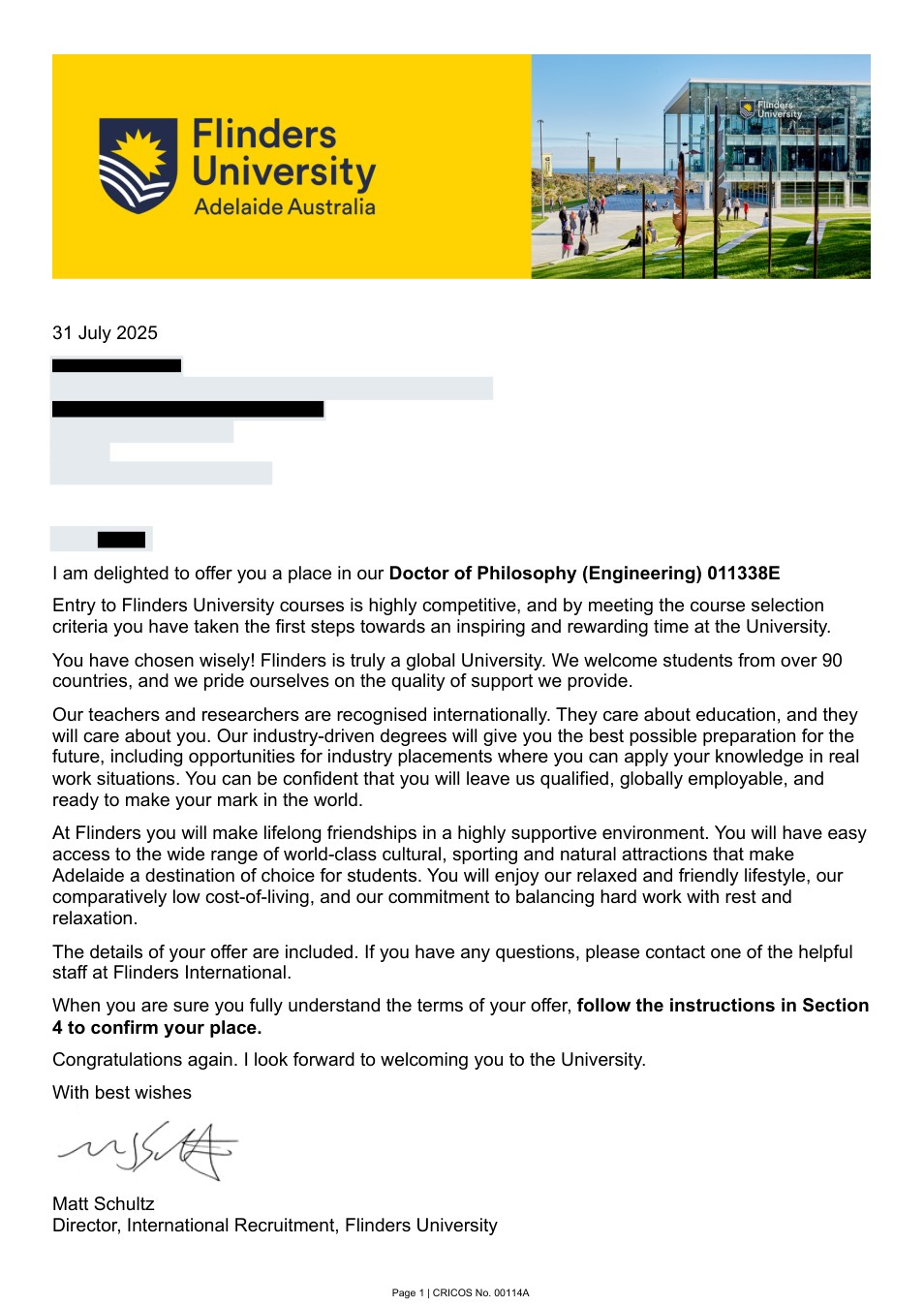 صفحه اول نامه پذیرش یا بورسیه از Flinders University