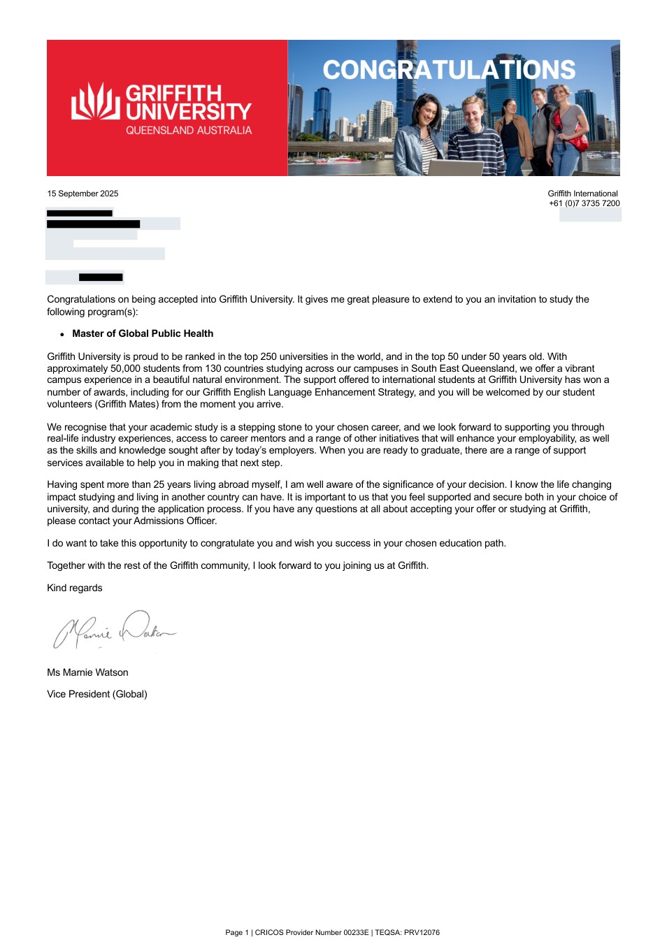 صفحه اول نامه پذیرش یا بورسیه از Griffith University