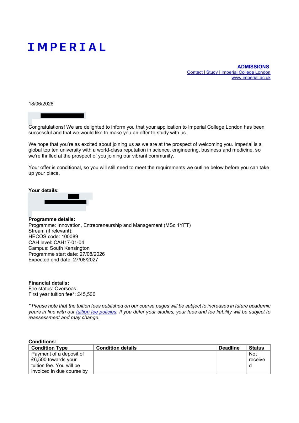 صفحه اول نامه پذیرش یا بورسیه از Imperial College London