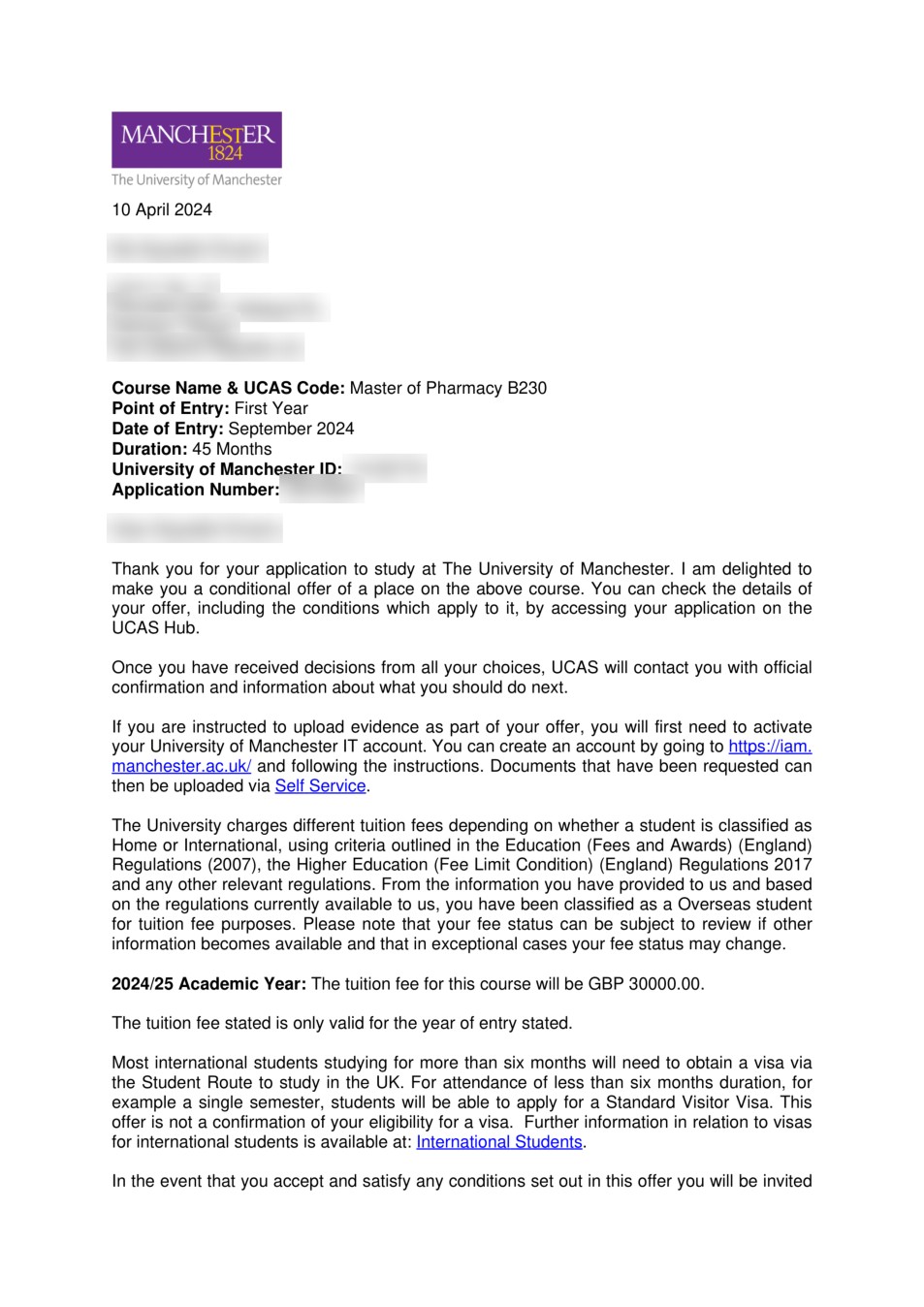 صفحه اول نامه پذیرش یا بورسیه از University of Manchester