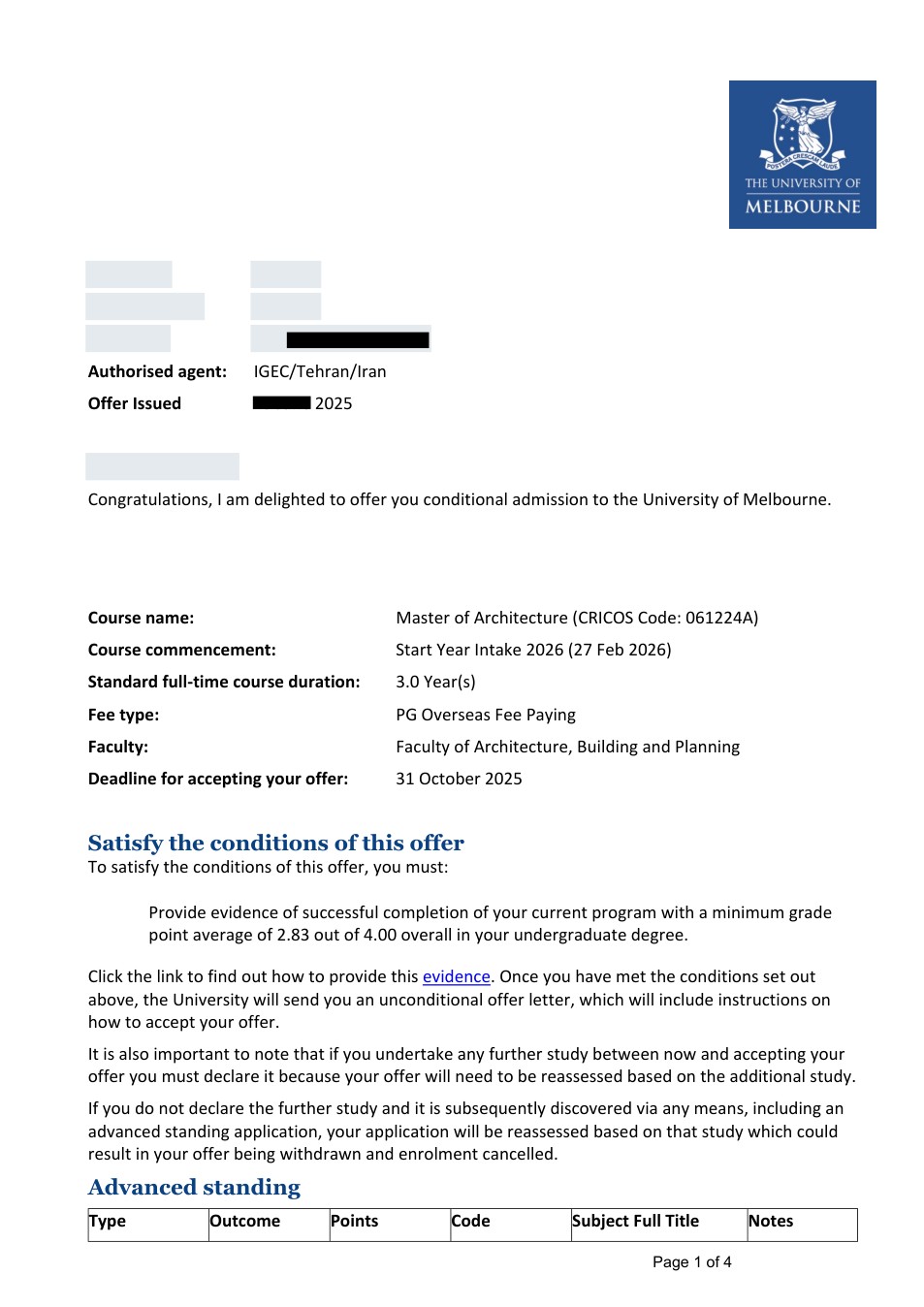 صفحه اول نامه پذیرش یا بورسیه از University of Melbourne