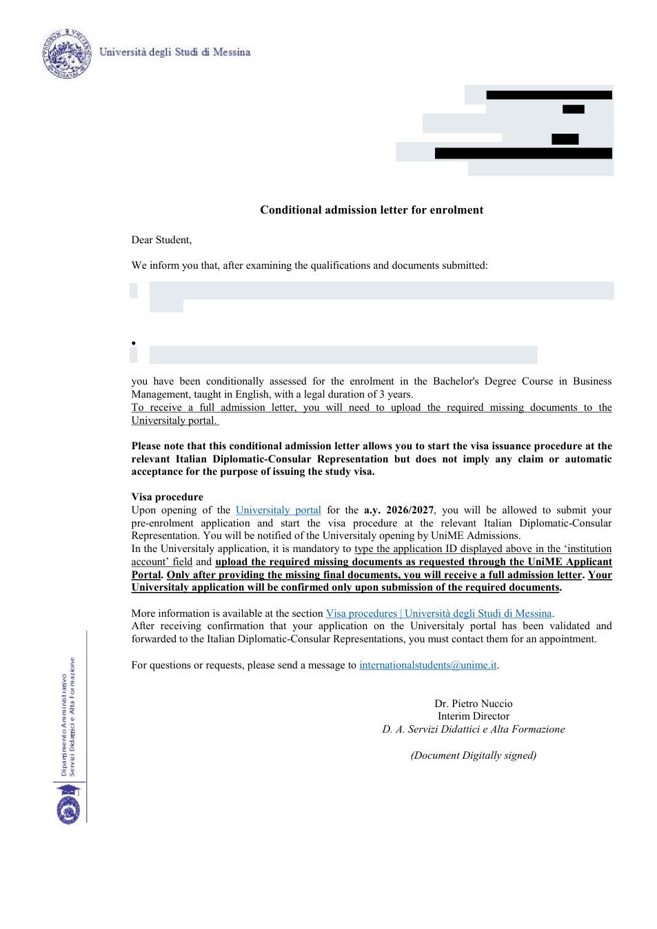 صفحه اول نامه پذیرش یا بورسیه از University of Messina