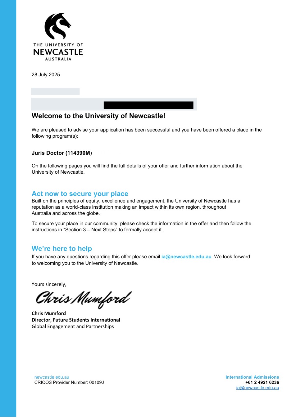 صفحه اول نامه پذیرش یا بورسیه از University of Newcastle