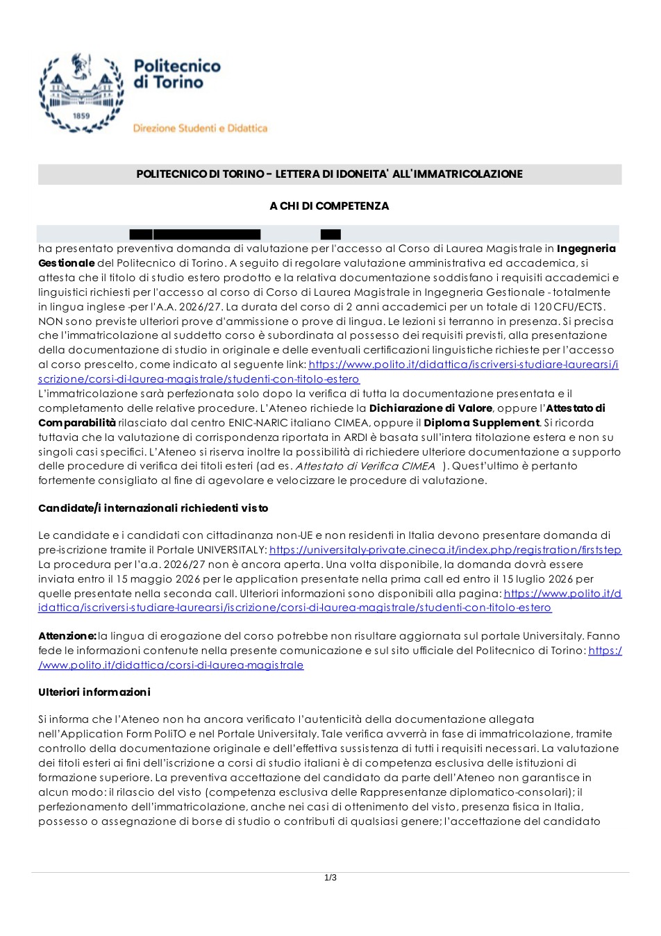 صفحه اول نامه پذیرش یا بورسیه از Politecnico di Torino