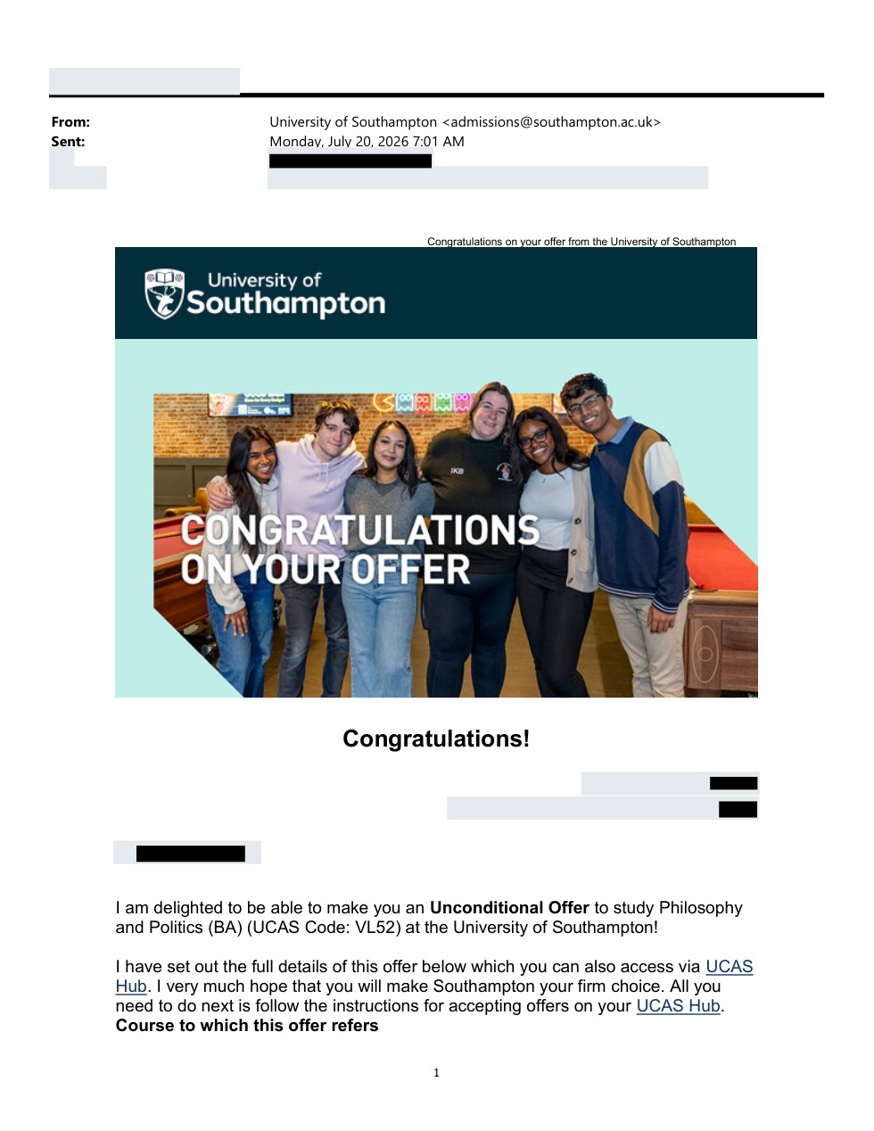 صفحه اول نامه پذیرش یا بورسیه از University of Southampton