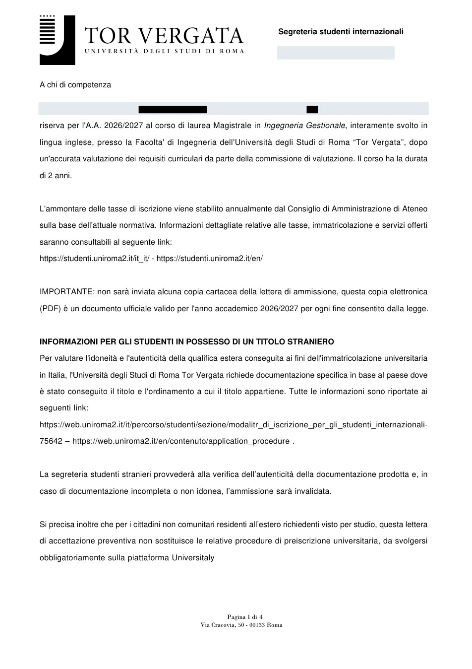 صفحه اول نامه پذیرش یا بورسیه از University of Rome Tor Vergata