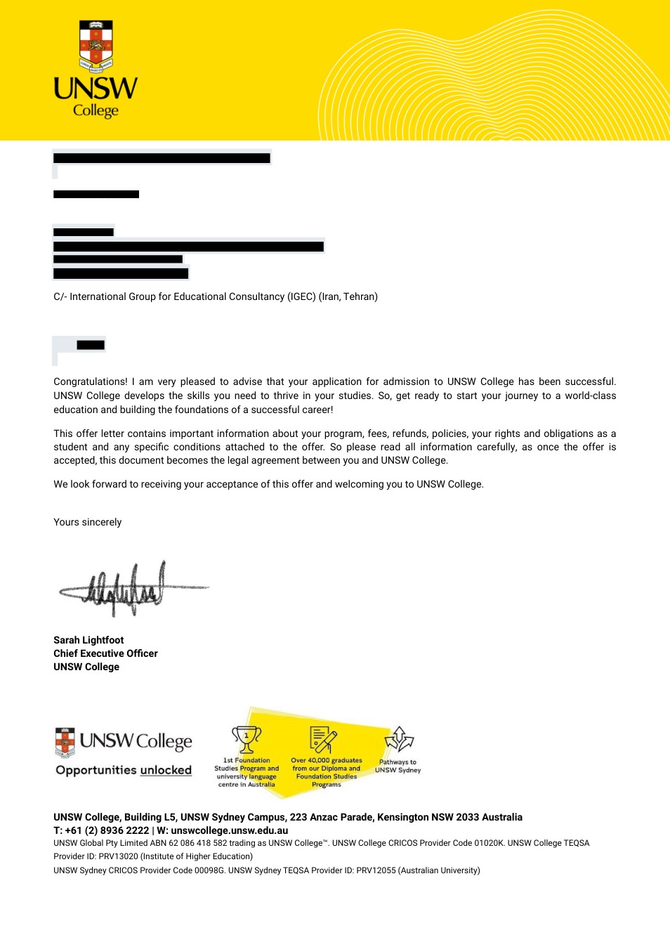 صفحه اول نامه پذیرش یا بورسیه از UNSW College