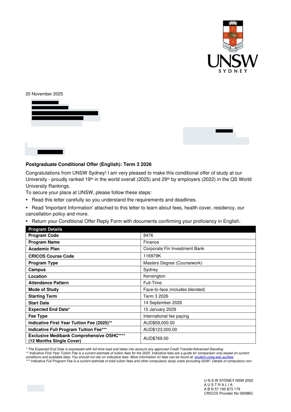 صفحه اول نامه پذیرش یا بورسیه از UNSW Sydney