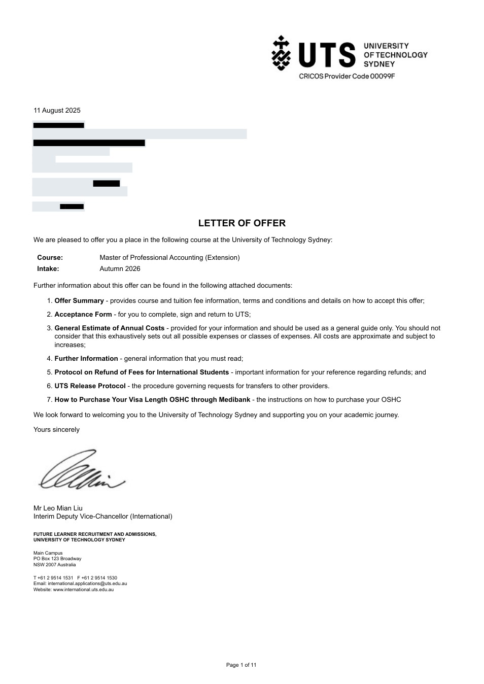 صفحه اول نامه پذیرش یا بورسیه از University of Technology Sydney