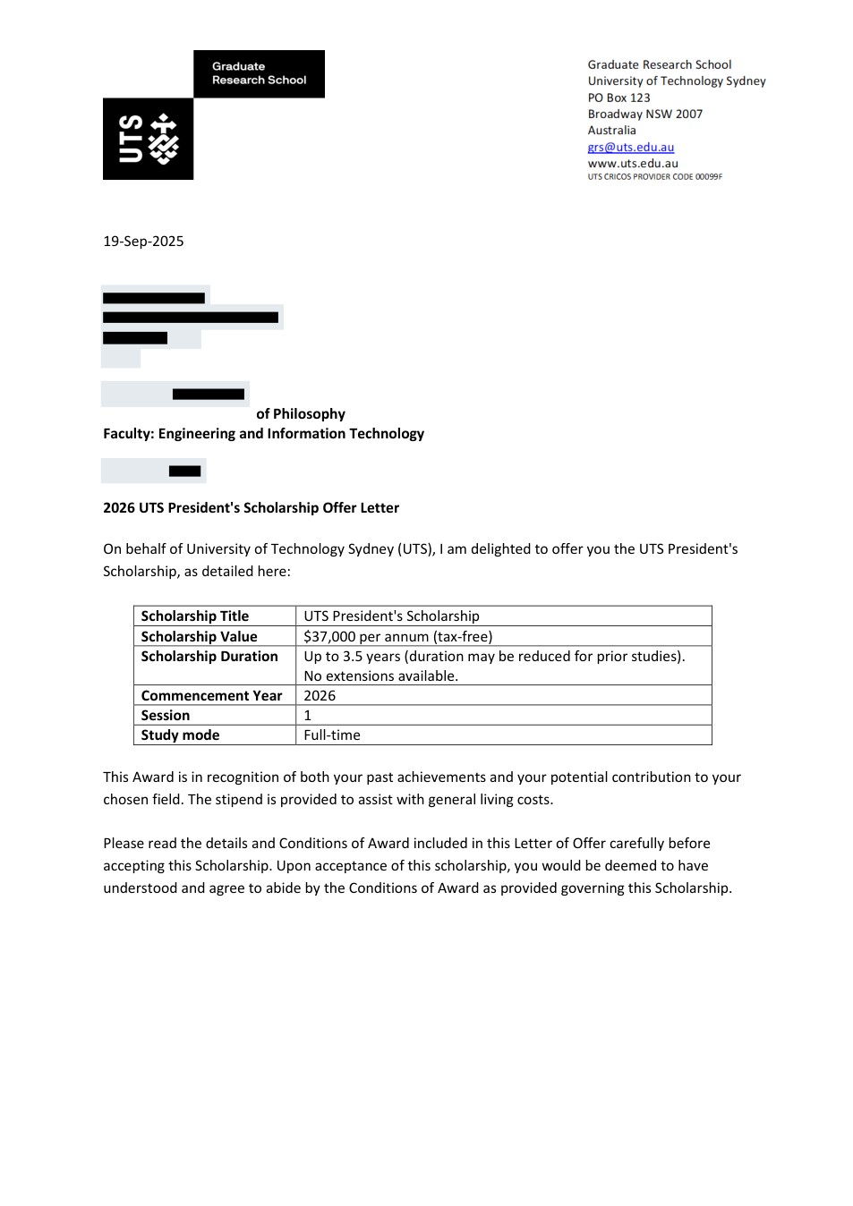 صفحه اول نامه پذیرش یا بورسیه از University of Technology Sydney